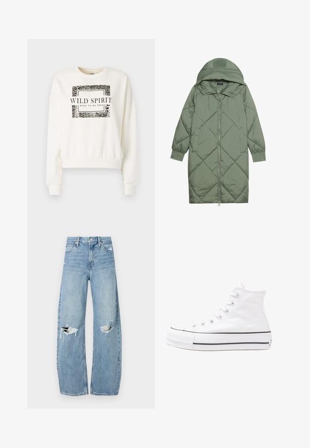 Quiltana duga zelena puffer jakna s kapuljačom, s prednjim zatvaračem i dva bočna džepa. Teksturni dijamantni uzorak kroz cijelu jaknu.; Bijeli dukserica s skraćenim dizajnom, s uzorkom leoparda i crnim natpisom "WILD SPIRIT BORN TO BE FREE." Rukavi s manžetama.; Svijetloplave, visoko-strukirane traperice. Imaju široke nogavice, dva razderana područja na koljenima i klasičan stil s pet džepova.; Bijela visoka platnena tenisica s crnom gumenom potplatom, prednjim gumenim zaštitnikom prstiju i šest rupa za vezanje, s čistim, minimalističkim dizajnom.