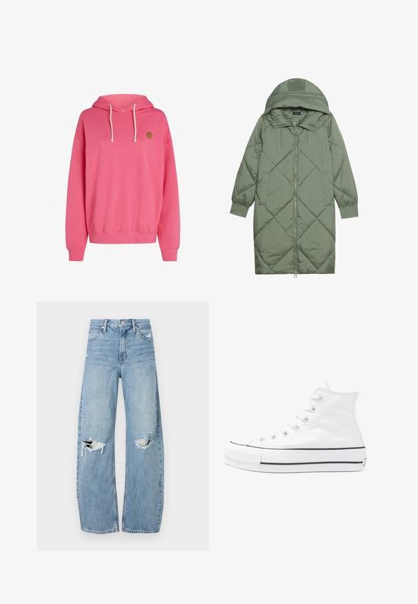 Quiltuotas ilgas žalias pūkinis paltas su kapuce, turintis priekinį užtrauktuką ir dvi šonines kišenes. Visame paviršiuje yra tekstūrinis rombų raštas.; Rožinė džemperis su didele priekinia kišene, su veržlėmis ant gobtuvo, raukšlėtomis rankovėmis ir apačia. Ant viršutinės kairės pusės yra mažas apvalus logotipas.; Šviesiai mėlynos, aukštu juosmeniu džinsai pagaminti iš džinsinio audinio. Turi plačias kojų kelnes, dvi suplėšytas kelio vietas ir klasikinį penkių kišenių dizainą.; Balti aukštakulniai drobės sportbačiai su juodu guminio pado, priekinio guminio piršto dangteliu ir šešiais akytėmis raištams, pasižymintys švariu, minimalistiniu dizainu.