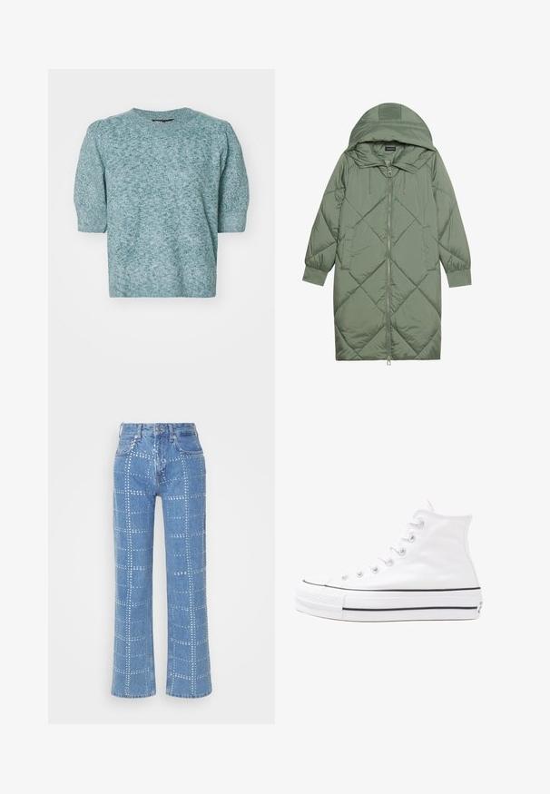 Izšūts garš zaļš pūšļa mētelis ar kapuci, ar priekšējo rāvējslēdzēju un divām sānu kabatām. Visā virsmā ir teksturēta dimanta raksts.; Adīts džemperis mīkstā, teksturētā piparmētru zaļā krāsā, ar īsām pūkām uz piedurknēm un apaļu kakla izgriezumu, brīvā formā.; Gai zilo denimu bikses ar taisnu kāju griezumu, ar sudraba kniedēm izveidotu režģa rakstu un klasisku piecu kabatu dizainu.; Balti augstie kanvas sporta apavi ar melnu gumijas zoli, priekšējo gumijas purngalu un sešām acīm lencēm, kuriem ir tīrs, minimālistisks dizains.