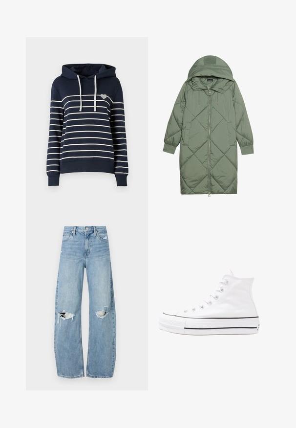 Puchowy, długi, zielony płaszcz z kapturem, z zamkiem błyskawicznym z przodu i dwoma bocznymi kieszeniami. Całość pokryta fakturowanym wzorem diamentowym.; Granatowy hoodie z białymi poziomymi paskami, z kapturem na sznurki, z motywem serca na przodzie oraz ściągaczami przy mankietach i u dołu.; Jasnoniebieskie, wysokiej talii dżinsy wykonane z denimu. Posiadają szerokie nogawki, dwa podarte miejsca na kolanach oraz klasyczne pięć kieszeni.; Białe wysokie trampki z płótna z czarną gumową podeszwą, przednim czubkiem z gumy i sześcioma dziurkami na sznurowadła, charakteryzujące się prostym, minimalistycznym designem.