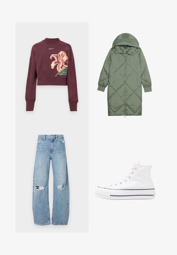 Izšūts garš zaļš pūšļa mētelis ar kapuci, ar priekšējo rāvējslēdzēju un divām sānu kabatām. Visā virsmā ir teksturēta dimanta raksts.; Sarkanbrūns kārtains sporta krekls ar ribotām aprocēm un apkakli, kam piemīt liels rozā un oranžs ziedu raksts un mazs zīmola logo uz krūšu daļas.; Gaiši zili, augstās vidukļa džinsi, kas izgatavoti no denima. Iespējas plašas kājas, divas plēstas ceļa daļas un klasiskā piecu kabatu dizains.; Balti augstie kanvas sporta apavi ar melnu gumijas zoli, priekšējo gumijas purngalu un sešām acīm lencēm, kuriem ir tīrs, minimālistisks dizains.