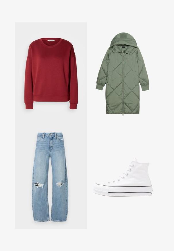 Cappotto lungo imbottito verde con un cappuccio, caratterizzato da una chiusura frontale a zip e due tasche laterali. Motivo a rombi testurizzati su tutta la superficie.; Felpa rossa con collo rotondo, design con spalle scese, polsini e orlo a costine. Realizzata in un tessuto morbido e liscio di un colore semplice e uniforme.; Jeans azzurri chiari a vita alta realizzati in denim. Presentano gambe larghe, due aree strappate sulle ginocchia e il classico styling a cinque tasche.; Sneaker alta in tela bianca con suola in gomma nera, punta in gomma frontale e sei asole per i lacci, caratterizzata da un design pulito e minimalista.