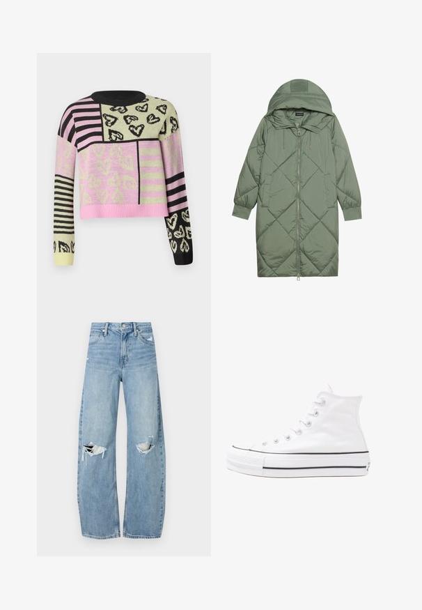 Prostorna dolga zeleni puffer plašč s kapuco, z zadrgo spredaj in dvema stranskima žepoma. Tekstura z diamantnim vzorcem po celotni površini.; Kvačkana jopica s skrajšanim dizajnom, ki vključuje roza, zeleno, črno in črtaste vzorce, okrašena s srčastimi motivi in rebrastim ovratnikom.; Svijetloplave traperice visoki struk. Imaju široke nogavice, dva poderana područja na koljenima i klasičan petotoksi stil.; Beli visoki platneni športni čevelj z črnim gumijastim podplatom, sprednjim gumijastim zaščitnikom za prste in šestimi luknjicami za vezalke, ki se ponaša s preprostim, minimalističnim dizajnom.