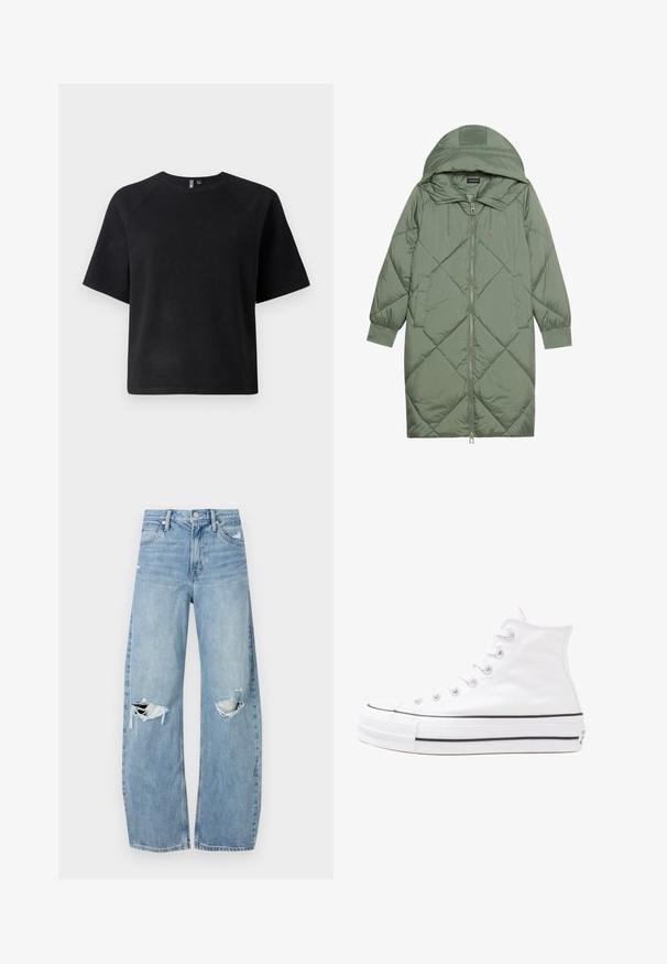 Quiltet lang grønn pufferjakke med hette, med en frontglidelås og to sidelommer. Teksturerte diamantmønster overalt.; Svart kortermet t-skjorte laget av myk stoff, med en klassisk rund hals og en avslappet passform med raglanermer.; Lyseblå høytlivsjeans laget av denim. Har vide bein, to revne knær og klassisk fem-lommers design.; Hvit høy-skinn kanvas sneakers med svart gummisåle, gummitåhette foran og seks hull for snorer, med et rent, minimalistisk design.
