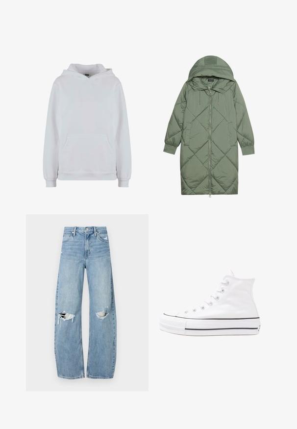 Abrigo acolchado largo verde tipo puffer con capucha, que presenta un cierre frontal con cremallera y dos bolsillos laterales. Patrón de diamantes texturizado en toda su superficie.; Sudadera blanca con capucha fabricada en una mezcla de algodón. Presenta mangas largas, un bolsillo tipo canguro en la parte delantera y puños y dobladillo acanalados.; Vaqueros de mezclilla de tiro alto en azul claro. Tienen piernas anchas, dos áreas desgastadas en las rodillas y un estilo clásico de cinco bolsillos.; Zapatilla de lona alta blanca con suela de goma negra, puntera de goma frontal y seis ojetes para los cordones, que presenta un diseño limpio y minimalista.