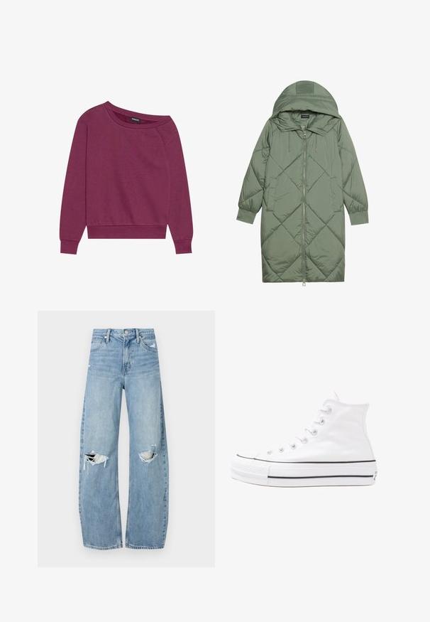 Vadderad lång grön pufferjacka med huva, med en framsidan dragkedjestängning och två sidofickor. Strukturerad diamantmönster över hela plagget.; Magenta off-shoulder sweatshirt med långa ärmar, ribbade mudd och nederkant. Tillverkad av mjukt tyg, med en avslappnad passform och slät yta.; Ljusblå, högmidjade jeans i denim. Har vida ben, två slitna knäområden och klassisk femfickedesign.; Vit hög topp canvas sneaker med svart gummisulan, framsidan gummitåhätta och sex öglor för snören, med en ren, minimalistisk design.