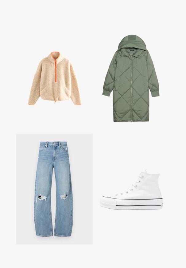 Cappotto lungo imbottito verde con un cappuccio, caratterizzato da una chiusura frontale a zip e due tasche laterali. Motivo a rombi testurizzati su tutta la superficie.; Pullover beige fuzzy con zip arancione, colletto alto, due tasche frontali e orlo con cordino. Texture morbida con dettagli a macchie.; Jeans azzurri chiari a vita alta realizzati in denim. Presentano gambe larghe, due aree strappate sulle ginocchia e il classico styling a cinque tasche.; Sneaker alta in tela bianca con suola in gomma nera, punta in gomma frontale e sei asole per i lacci, caratterizzata da un design pulito e minimalista.
