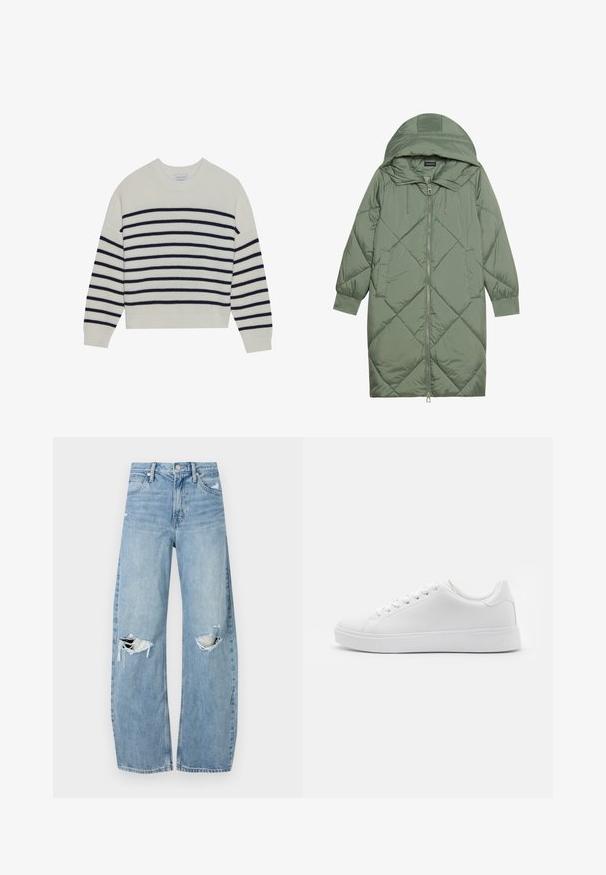 Prostorna dolga zeleni puffer plašč s kapuco, z zadrgo spredaj in dvema stranskima žepoma. Tekstura z diamantnim vzorcem po celotni površini.; Krema pulover s mornarsko modrimi vodoravnimi črtami, ribasto teksturo, krojem z okroglo odprtino in dolgimi rokavi. Opravljen kroj s skrajšanim dizajnom.; Svijetloplave traperice visoki struk. Imaju široke nogavice, dva poderana područja na koljenima i klasičan petotoksi stil.; Beli copati z gladkim sintetičnim zgornjim delom, okroglim nosom, šestimi odprtinami za vezalke in nizkoprofilno gumijasto podplatom z teksturiranim detajlom.
