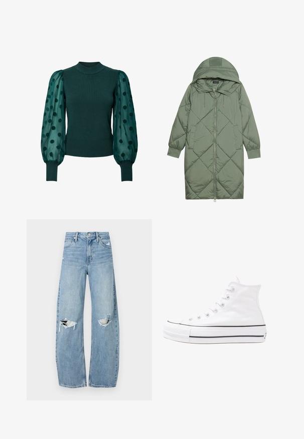 Gesteppten langer grüner Daunenmantel mit Kapuze, mit einem Reißverschluss vorne und zwei Seitentaschen. Strukturiertes Rautenmuster auf der gesamten Fläche.; Grüner gerippter Pullover mit hohem Kragen und transparenten Puffärmeln, die mit schwarzen Pünktchen verziert sind. Der enganliegende Saum und die Bündchen runden das Design ab.; Helles, hochtailliertes Jeans aus Denim. Hat weit geschnittene Beine, zwei aufgerissene Kniebereiche und klassischen Fünf-Taschen-Stil.; Weiße hochwertige Leinensneaker mit schwarzer Gummisohle, vorderem Gummizehenschutz und sechs Ösen für Schnürsenkel, die ein sauberes, minimalistisches Design aufweisen.
