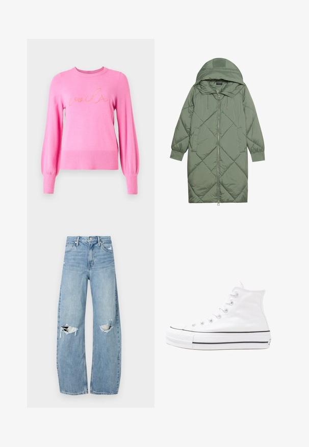 Steppelt, hosszú zöld pufikabát kapucnival, elöl cipzáras záródással és két oldalsó zsebből áll. Az anyagon teljes hosszában váltakozó gyémántmintázat található.; Rózsaszín pulóver, bordás nyakkivágással és mandzsettával, laza szabással, a mellen pedig kontrasztos cérnával hímzett "voilà" felirattal.; Világoskék, magas derekú farmernadrág. Széles lábakkal, két szakadt térddel és klasszikus öt zsebes dizájnnal rendelkezik.; Fehér magaskorsó vászon sportcipő fekete gumi talppal, elülső gumi orrnyereggel és hat fűzőlyukkal, letisztult, minimalista dizájnnal.