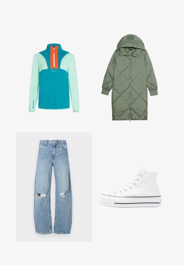 Gequiltede lange groene pufferjas met een capuchon, met een ritssluiting aan de voorkant en twee zijzakken. Gelaagd ruitpatroon overal.; Teal pullover sweatshirt met een half-rits; voorzien van een oranje accentpaneel en het 'O'Neill' logo. Gemaakt van zachte, gestructureerde stof; lange mouwen.; Lichtblauwe, hooggeritste jeans van denim. Beschikken over wijde pijpen, twee gescheurde knievalken en klassieke vijfzakken styling.; Witte high-top canvas sneakers met een zwarte rubberen zool, een rubberen neuskap aan de voorkant en zes gaatjes voor veters, met een schone, minimalistische uitstraling.