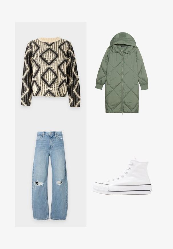 Abrigo acolchado largo verde tipo puffer con capucha, que presenta un cierre frontal con cremallera y dos bolsillos laterales. Patrón de diamantes texturizado en toda su superficie.; Suéter con un patrón en negro y crema que presenta un diseño geométrico de diamantes, cuello redondo y mangas largas con puños acanalados.; Vaqueros de mezclilla de tiro alto en azul claro. Tienen piernas anchas, dos áreas desgastadas en las rodillas y un estilo clásico de cinco bolsillos.; Zapatilla de lona alta blanca con suela de goma negra, puntera de goma frontal y seis ojetes para los cordones, que presenta un diseño limpio y minimalista.