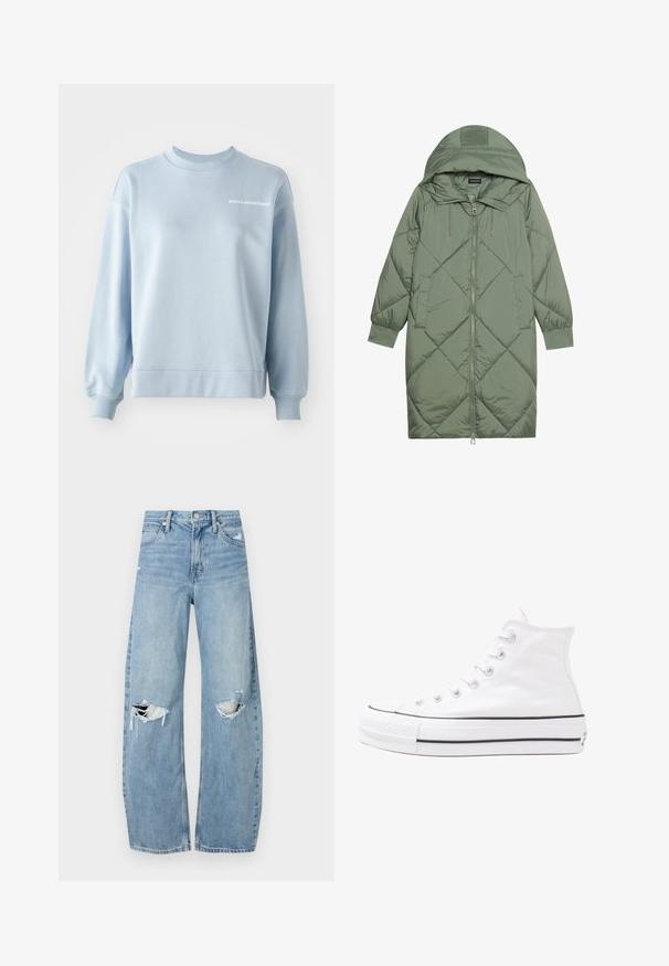 Quiltet lang grønn pufferjakke med hette, med en frontglidelås og to sidelommer. Teksturerte diamantmønster overalt.; Lys blå sweatshirt laget av mykt stoff, med rund hals og ribbestrikkede mansjetter. Liten hvit tekst "ocean coastlines" på fronten.; Lyseblå høytlivsjeans laget av denim. Har vide bein, to revne knær og klassisk fem-lommers design.; Hvit høy-skinn kanvas sneakers med svart gummisåle, gummitåhette foran og seks hull for snorer, med et rent, minimalistisk design.