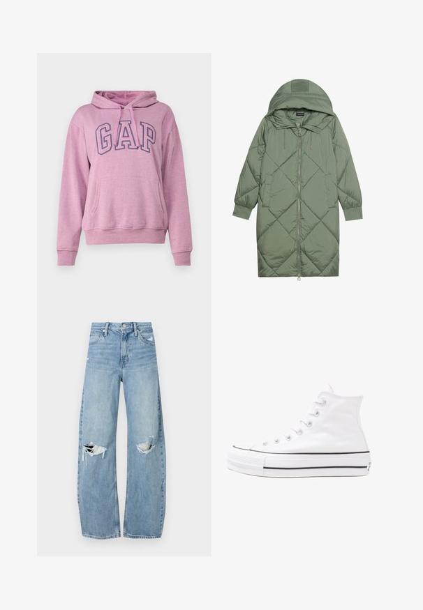 Prostorna dolga zeleni puffer plašč s kapuco, z zadrgo spredaj in dvema stranskima žepoma. Tekstura z diamantnim vzorcem po celotni površini.; GAP HERITAGE - Športni pulover - plush lilac; Svijetloplave traperice visoki struk. Imaju široke nogavice, dva poderana područja na koljenima i klasičan petotoksi stil.; Beli visoki platneni športni čevelj z črnim gumijastim podplatom, sprednjim gumijastim zaščitnikom za prste in šestimi luknjicami za vezalke, ki se ponaša s preprostim, minimalističnim dizajnom.