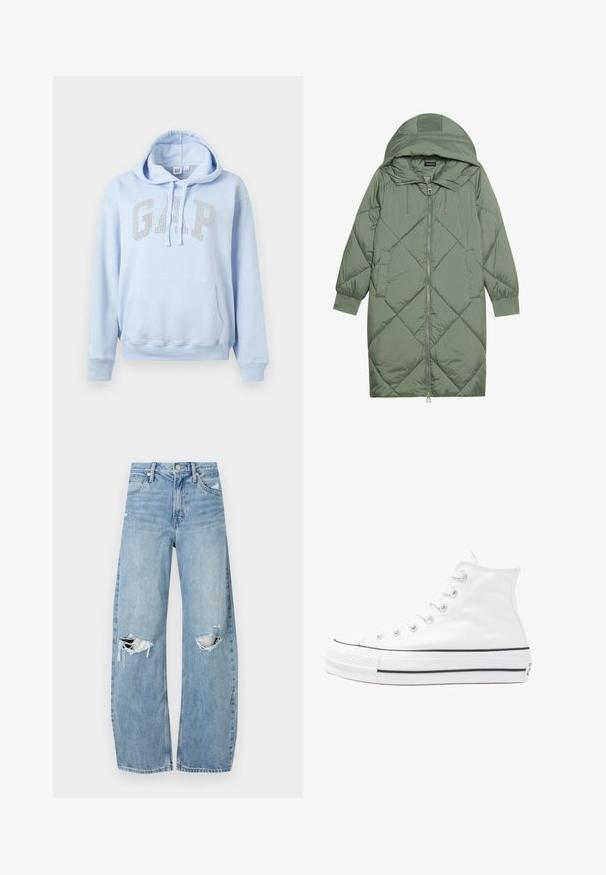 Casaco puffer longo verde acolchoado com capuz, apresentando um fecho frontal com zíper e dois bolsos laterais. Padrão texturizado em forma de diamante por todo o casaco.; GAP HERITAGE - Camisola - urban blue; Jeans de lavagem clara, de cintura alta, feitos de denim. Apresentam pernas largas, duas áreas rasgadas nos joelhos e o estilo clássico de cinco bolsos.; Sapatilha alta de tela branca com sola de borracha preta, bico de borracha na frente e seis ilhós para os atacadores, apresentando um design limpo e minimalista.