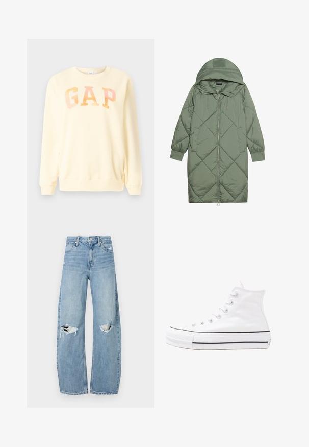 Abrigo acolchado largo verde tipo puffer con capucha, que presenta un cierre frontal con cremallera y dos bolsillos laterales. Patrón de diamantes texturizado en toda su superficie.; Sudadera amarilla de tela suave, con un logo oversized de "GAP" en letras iridiscentes. Cuello redondo y mangas largas, con puños acanalados.; Vaqueros de mezclilla de tiro alto en azul claro. Tienen piernas anchas, dos áreas desgastadas en las rodillas y un estilo clásico de cinco bolsillos.; Zapatilla de lona alta blanca con suela de goma negra, puntera de goma frontal y seis ojetes para los cordones, que presenta un diseño limpio y minimalista.