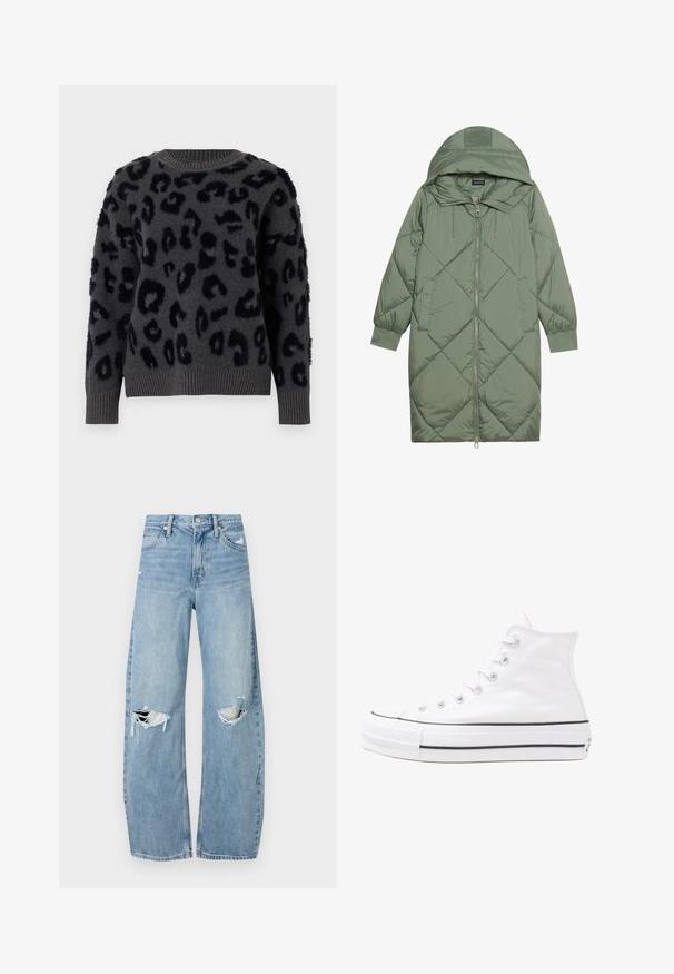 Cappotto lungo imbottito verde con un cappuccio, caratterizzato da una chiusura frontale a zip e due tasche laterali. Motivo a rombi testurizzati su tutta la superficie.; Maglione grigio in morbido tessuto con stampa leopardata nera, scollatura rotonda e polsini e orlo a coste. I patch testurizzati aggiungono dimensione.; Jeans azzurri chiari a vita alta realizzati in denim. Presentano gambe larghe, due aree strappate sulle ginocchia e il classico styling a cinque tasche.; Sneaker alta in tela bianca con suola in gomma nera, punta in gomma frontale e sei asole per i lacci, caratterizzata da un design pulito e minimalista.