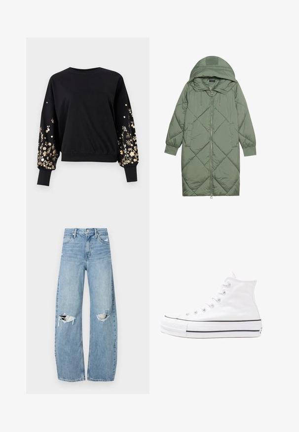 Izšūts garš zaļš pūšļa mētelis ar kapuci, ar priekšējo rāvējslēdzēju un divām sānu kabatām. Visā virsmā ir teksturēta dimanta raksts.; Melnā džemperis ar garām pūkām piedurknēm, kas rotāts ar zelta ziedu izšuvumu. Rievota apkakle un apakša. Mīksta auduma, ar brīvu piegriezumu.; Gaiši zili, augstās vidukļa džinsi, kas izgatavoti no denima. Iespējas plašas kājas, divas plēstas ceļa daļas un klasiskā piecu kabatu dizains.; Balti augstie kanvas sporta apavi ar melnu gumijas zoli, priekšējo gumijas purngalu un sešām acīm lencēm, kuriem ir tīrs, minimālistisks dizains.