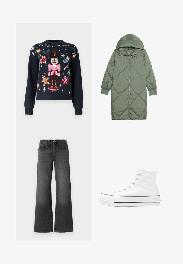 Quiltet lang grønn pufferjakke med hette, med en frontglidelås og to sidelommer. Teksturerte diamantmønster overalt.; Mørkeblå genser med festlige strikkede motiver, inkludert en nøtteknekker, pepperkakemann, sukkerstenger og gaver med flerfargede detaljer.; Videbukser i mørkegrå denim. Har fem lommer, knappelukking og subtil bleking på stoffet. Klassiske sømdetaljer.; Hvit høy-skinn kanvas sneakers med svart gummisåle, gummitåhette foran og seks hull for snorer, med et rent, minimalistisk design.