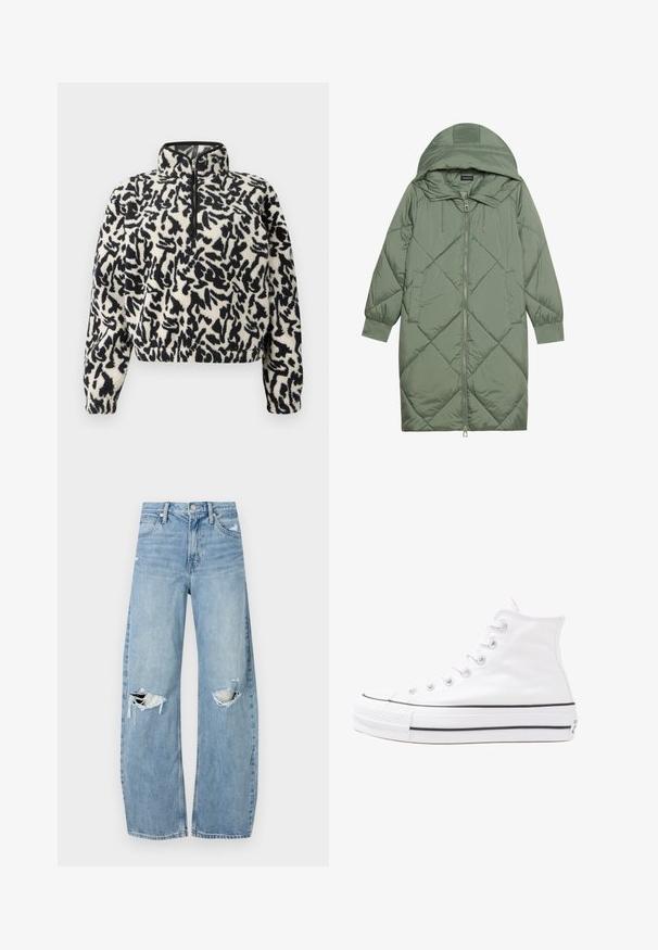 Cappotto lungo imbottito verde con un cappuccio, caratterizzato da una chiusura frontale a zip e due tasche laterali. Motivo a rombi testurizzati su tutta la superficie.; Pullover in pile color avorio con motivo astratto nero, dotato di colletto a mezza zip e polsini elasticizzati per una vestibilità aderente.; Jeans azzurri chiari a vita alta realizzati in denim. Presentano gambe larghe, due aree strappate sulle ginocchia e il classico styling a cinque tasche.; Sneaker alta in tela bianca con suola in gomma nera, punta in gomma frontale e sei asole per i lacci, caratterizzata da un design pulito e minimalista.