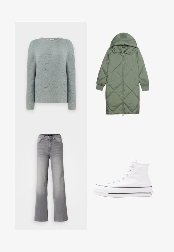 Prostorna dolga zeleni puffer plašč s kapuco, z zadrgo spredaj in dvema stranskima žepoma. Tekstura z diamantnim vzorcem po celotni površini.; Svetlo modra pletena pulover z okroglo izreza, dolgimi rokavi in teksturiranim valovitim vzorcem po celotni tkanini.; Visoko pasu naravnost krojene sivo denim hlače z gumbom in zadrgo spredaj, sprednjimi in zadnjimi žepe ter zbledelim odtenkom na stegen in tele. ; Beli visoki platneni športni čevelj z črnim gumijastim podplatom, sprednjim gumijastim zaščitnikom za prste in šestimi luknjicami za vezalke, ki se ponaša s preprostim, minimalističnim dizajnom.