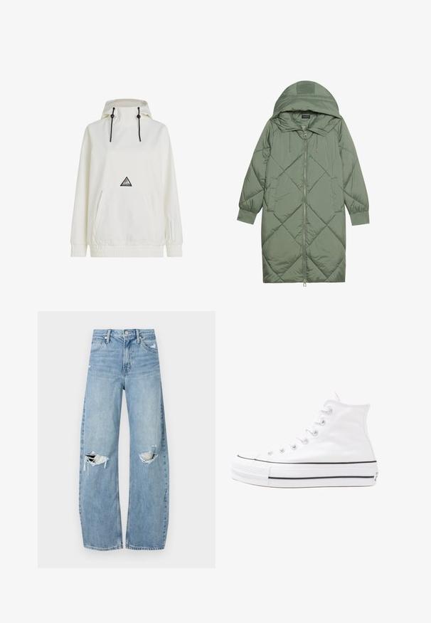 Manteau matelassé long vert avec capuche, doté d'une fermeture éclair à l'avant et de deux poches latérales. Motif en losanges texturé sur toute sa surface.; Coupe-vent blanc avec capuche, cordon de serrage, poche avant, poignets et ourlet élastiques. Présente un patch logo triangulaire sur la poitrine.; Jeans en denim bleu clair à taille haute. Présentent des jambes larges, deux zones déchirées aux genoux et un style classique à cinq poches.; Baskets montantes en toile blanche avec semelle en caoutchouc noir, capuchon en caoutchouc à l'avant, et six œillets pour les lacets, présentant un design épuré et minimaliste.