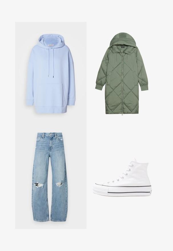 Zelený prešívaný páperový kabát s kapucňou, so zipsovým uzáverom vpredu a dvoma bočnými vreckami. Po celom povrchu je textúrovaný diamantový vzor.; Svetlomodrá mikina s priestrannou kapucňou, sťahovacími šnúrkami a prednou klokankou. Vyrobená z mäkkej tkaniny s rebrovanými manžetami a lemom.; Svetlomodré, vysoké džínsy vyrobené z denimu. Majú široké nohavice, dve roztrhnuté kolená a klasický päťvreckový strih.; Biele vysoké plátené tenisky s čiernou gumovou podošvou, prednou gumovou špičkou a šiestimi okami na šnúrky, s čistým, minimalistickým dizajnom.