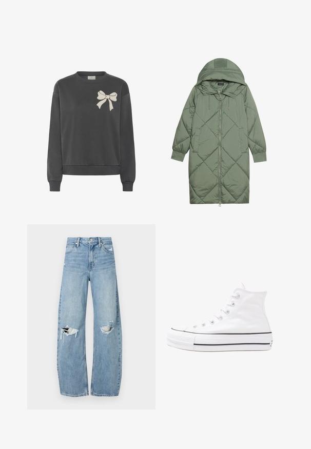 Cappotto lungo imbottito verde con un cappuccio, caratterizzato da una chiusura frontale a zip e due tasche laterali. Motivo a rombi testurizzati su tutta la superficie.; Felpa grigia scura realizzata in misto cotone, con collo a giro e un fiocco ricamato di un beige chiaro sul lato sinistro del petto. Presenta polsini e fondo a costine.; Jeans azzurri chiari a vita alta realizzati in denim. Presentano gambe larghe, due aree strappate sulle ginocchia e il classico styling a cinque tasche.; Sneaker alta in tela bianca con suola in gomma nera, punta in gomma frontale e sei asole per i lacci, caratterizzata da un design pulito e minimalista.