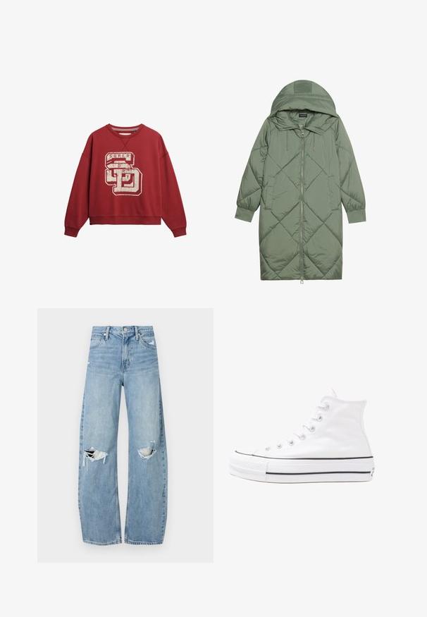 Abrigo acolchado largo verde tipo puffer con capucha, que presenta un cierre frontal con cremallera y dos bolsillos laterales. Patrón de diamantes texturizado en toda su superficie.; Superdry & Co Sudadera - bordeaux red; Vaqueros de mezclilla de tiro alto en azul claro. Tienen piernas anchas, dos áreas desgastadas en las rodillas y un estilo clásico de cinco bolsillos.; Zapatilla de lona alta blanca con suela de goma negra, puntera de goma frontal y seis ojetes para los cordones, que presenta un diseño limpio y minimalista.
