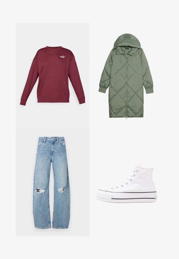 Cappotto lungo imbottito verde con un cappuccio, caratterizzato da una chiusura frontale a zip e due tasche laterali. Motivo a rombi testurizzati su tutta la superficie.; Felpa bordeaux con maniche lunghe, collo a girocolo e polsini a costine. Presenta un logo bianco sul petto. Realizzata in tessuto morbido e di consistenza.; Jeans azzurri chiari a vita alta realizzati in denim. Presentano gambe larghe, due aree strappate sulle ginocchia e il classico styling a cinque tasche.; Sneaker alta in tela bianca con suola in gomma nera, punta in gomma frontale e sei asole per i lacci, caratterizzata da un design pulito e minimalista.