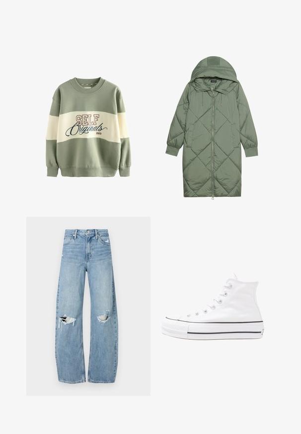 Gequiltede lange groene pufferjas met een capuchon, met een ritssluiting aan de voorkant en twee zijzakken. Gelaagd ruitpatroon overal.; Groen en crèmekleurige pullover trui met een ronde halslijn, geribbelde boorden en de tekst 'SELF Originals 2023' in bordeauxrood en blauw.; Lichtblauwe, hooggeritste jeans van denim. Beschikken over wijde pijpen, twee gescheurde knievalken en klassieke vijfzakken styling.; Witte high-top canvas sneakers met een zwarte rubberen zool, een rubberen neuskap aan de voorkant en zes gaatjes voor veters, met een schone, minimalistische uitstraling.