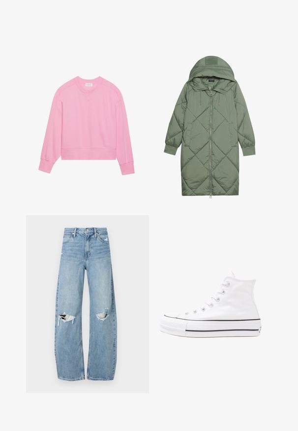 Steppelt, hosszú zöld pufikabát kapucnival, elöl cipzáras záródással és két oldalsó zsebből áll. Az anyagon teljes hosszában váltakozó gyémántmintázat található.; Rózsaszín pulóver, kerek nyakkivágással, hosszú raglán ujjal, bordás szegéllyel és mandzsettákkal. Puha tapintás, egyszínű, sima dizájn.; Világoskék, magas derekú farmernadrág. Széles lábakkal, két szakadt térddel és klasszikus öt zsebes dizájnnal rendelkezik.; Fehér magaskorsó vászon sportcipő fekete gumi talppal, elülső gumi orrnyereggel és hat fűzőlyukkal, letisztult, minimalista dizájnnal.