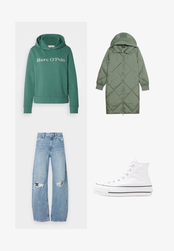 Quiltana duga zelena puffer jakna s kapuljačom, s prednjim zatvaračem i dva bočna džepa. Teksturni dijamantni uzorak kroz cijelu jaknu.; Zeleni pamukasti dukserica s velikom kapuljačom, koja ima bijeli "Marc O’Polo" logo na prednjoj strani. Riblji rubovi na rukavima i donjem dijelu.; Svijetloplave, visoko-strukirane traperice. Imaju široke nogavice, dva razderana područja na koljenima i klasičan stil s pet džepova.; Bijela visoka platnena tenisica s crnom gumenom potplatom, prednjim gumenim zaštitnikom prstiju i šest rupa za vezanje, s čistim, minimalističkim dizajnom.