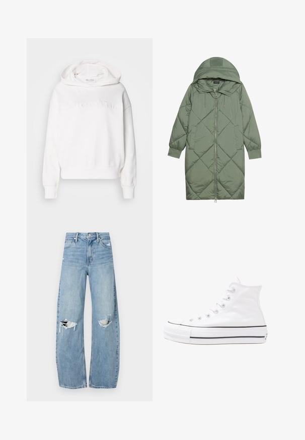 Prošívaný dlouhý zelený péřový kabát s kapucí, který má přední zip a dvě boční kapsy. Po celém povrchu je texturovaný diamantový vzor.; Bílá mikina s kapucí, oversized střih a žebrované manžety. Na přední straně má vypouklé logo "Marc O'Polo". Měkká textilie.; Světle modré džíny s vysokým pasem vyrobené z denimu. Mají široké nohavice, dvě roztržené oblasti na kolenou a klasický pětikapsový střih.; Bílé vysoké plátěné tenisky s černou gumovou podrážkou, přední gumovou špičkou a šesti očky na tkaničky, se čistým, minimalistickým designem.