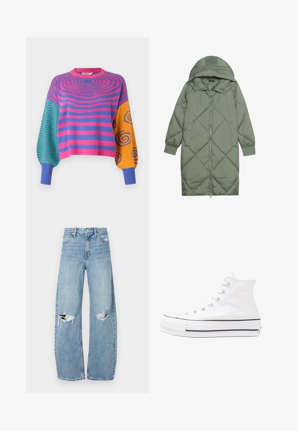 Pistetud pikk roheline puffermantel kapuutsiga, esiküljel tõmblukuga ja kahe küljetaskuga. Kogu pinnal on struktureeritud rombikujundus.; Pikad varrukadega kampsun, millel on kere peal roosa ja lilla kontsentrilised triibud, ühel varrukal rohelised ja sinised siksakid ning teisel oranžid ja sinised spiraalid.; Heledad hallideega sinised teksad, millel on kõrge talje. Teksade jalgadel on lai alus, kaks rebitud kohta põlvede ümber ning klassikaline viie tasku stiil.; Valge kõrgem kangast tenniseking, millel on must kummist tald, ees kummist varvasetugi ja kuus aukku paelte jaoks, pakkudes puhta ja minimalistliku disaini.