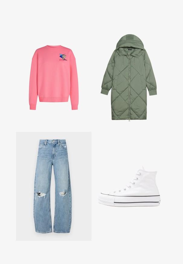 Prošívaný dlouhý zelený péřový kabát s kapucí, který má přední zip a dvě boční kapsy. Po celém povrchu je texturovaný diamantový vzor.; Růžová mikina vyrobená z měkké bavlněné směsi, s kulatým výstřihem, spadlými rameny, žebrovanými manžetami a vyšitým grafickým motivem na hrudi.; Světle modré džíny s vysokým pasem vyrobené z denimu. Mají široké nohavice, dvě roztržené oblasti na kolenou a klasický pětikapsový střih.; Bílé vysoké plátěné tenisky s černou gumovou podrážkou, přední gumovou špičkou a šesti očky na tkaničky, se čistým, minimalistickým designem.