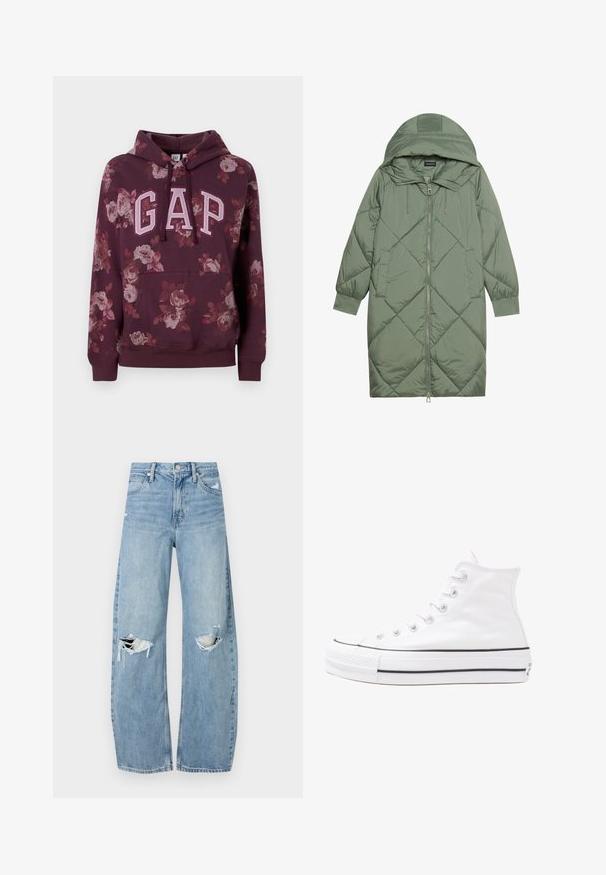 Vadderad lång grön pufferjacka med huva, med en framsidan dragkedjestängning och två sidofickor. Strukturerad diamantmönster över hela plagget.; Vinröd huvtröja med blommönster, "GAP"-logotyp i ljusrosa, känguruficka, ribbade ärmslut och nederkant. Tillverkad av mjukt tyg.; Ljusblå, högmidjade jeans i denim. Har vida ben, två slitna knäområden och klassisk femfickedesign.; Vit hög topp canvas sneaker med svart gummisulan, framsidan gummitåhätta och sex öglor för snören, med en ren, minimalistisk design.