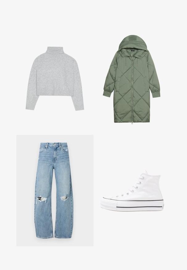 Gequiltede lange groene pufferjas met een capuchon, met een ritssluiting aan de voorkant en twee zijzakken. Gelaagd ruitpatroon overal.; Grijze, korte coltrui met geribbelde manchetten en zoom. Gemaakt van zacht materiaal met een gladde textuur en een strak ontwerp.; Lichtblauwe, hooggeritste jeans van denim. Beschikken over wijde pijpen, twee gescheurde knievalken en klassieke vijfzakken styling.; Witte high-top canvas sneakers met een zwarte rubberen zool, een rubberen neuskap aan de voorkant en zes gaatjes voor veters, met een schone, minimalistische uitstraling.
