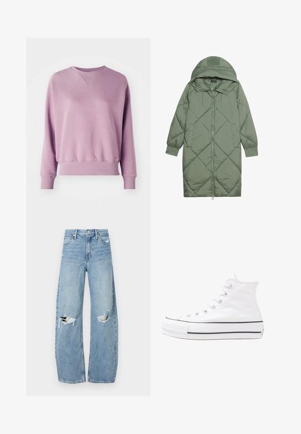 Vadderad lång grön pufferjacka med huva, med en framsidan dragkedjestängning och två sidofickor. Strukturerad diamantmönster över hela plagget.; Lila sweatshirt av mjukt tyg; har en ribbad halsringning, långa ärmar och elastiska mudd. Diskret logotypdetalj vid fållen.; Ljusblå, högmidjade jeans i denim. Har vida ben, två slitna knäområden och klassisk femfickedesign.; Vit hög topp canvas sneaker med svart gummisulan, framsidan gummitåhätta och sex öglor för snören, med en ren, minimalistisk design.