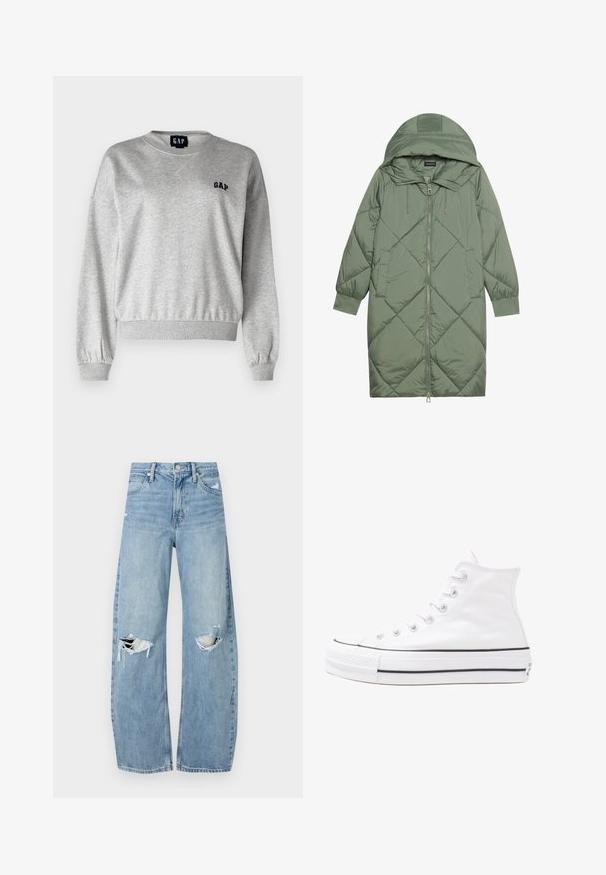 Prošívaný dlouhý zelený péřový kabát s kapucí, který má přední zip a dvě boční kapsy. Po celém povrchu je texturovaný diamantový vzor.; Šedá mikina s kulatým výstřihem, žebrovanými manžetami a spodním lemem. Obsahuje malé černé logo "GAP" na levé hrudi. Měkká textura, uvolněný střih.; Světle modré džíny s vysokým pasem vyrobené z denimu. Mají široké nohavice, dvě roztržené oblasti na kolenou a klasický pětikapsový střih.; Bílé vysoké plátěné tenisky s černou gumovou podrážkou, přední gumovou špičkou a šesti očky na tkaničky, se čistým, minimalistickým designem.