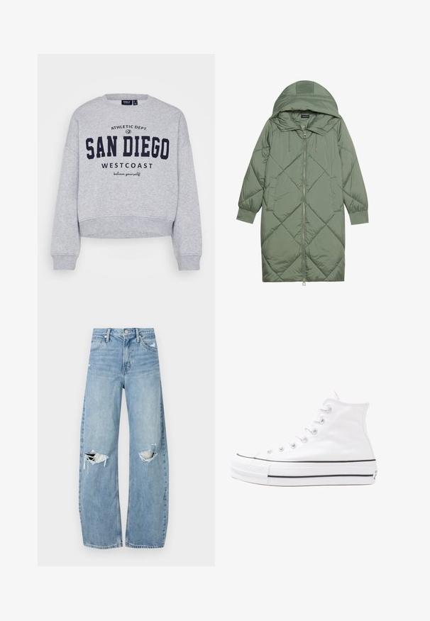 Vihreä vuorattu pitkänmallinen puhvitakki, jossa on huppu, etuvetoketju ja kaksi sivutaskua. Koko takin pinta on teksturoidussa timanttikuviossa.; ONLY Petite ONLSWEAT LIFE CREW STATE - Collegepaita - light grey melange; Vaaleansiniset, korkeavyötäröiset farkut, jotka on valmistettu denimmateriaalista. Ominaisuuksiin kuuluvat leveät lahkeet, kaksi revittyä polvialuetta ja klassinen viiden taskun tyyli.; Valkoiset korkeavartiset kangaskengät mustalla kumipohjalla, edessä kuminen varvasosa ja kuusi nauha-aukkoa, puhtaan minimalistisella muotoilulla.