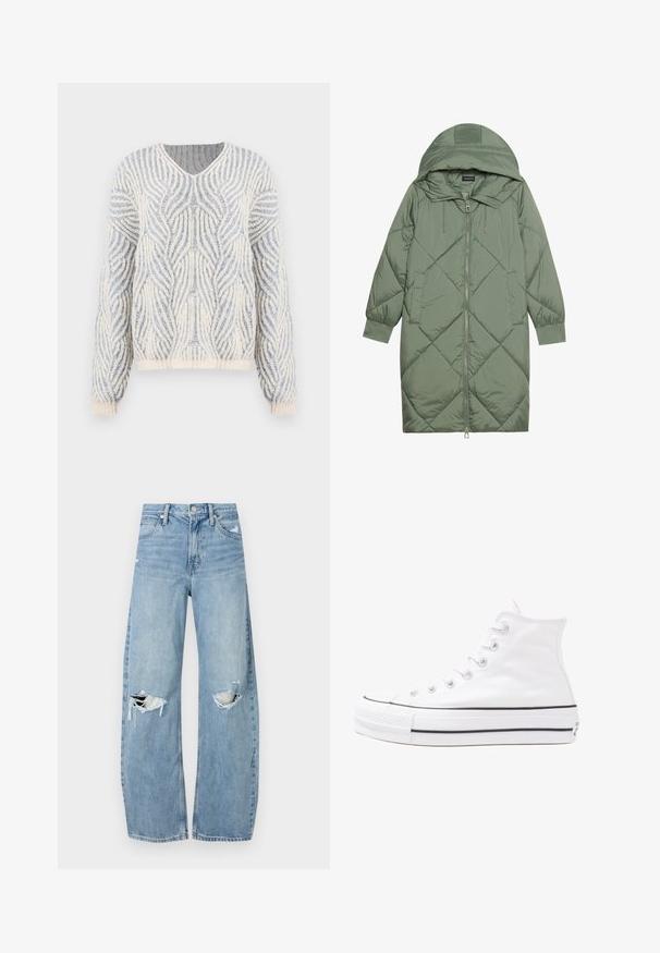 Vadderad lång grön pufferjacka med huva, med en framsidan dragkedjestängning och två sidofickor. Strukturerad diamantmönster över hela plagget.; Stickad tröja i krämfärg och ljusblå med ett vågigt texturmönster. Har en V-hals och långa ärmar med ribbad mudd och nederkant.; Ljusblå, högmidjade jeans i denim. Har vida ben, två slitna knäområden och klassisk femfickedesign.; Vit hög topp canvas sneaker med svart gummisulan, framsidan gummitåhätta och sex öglor för snören, med en ren, minimalistisk design.