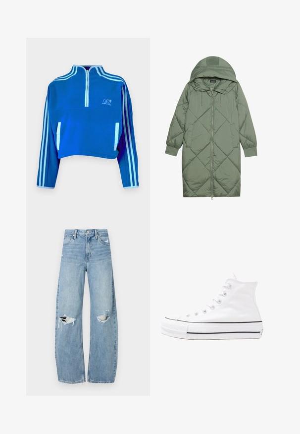Pistetud pikk roheline puffermantel kapuutsiga, esiküljel tõmblukuga ja kahe küljetaskuga. Kogu pinnal on struktureeritud rombikujundus.; Even&Odd Fliisdžemper - royal blue; Heledad hallideega sinised teksad, millel on kõrge talje. Teksade jalgadel on lai alus, kaks rebitud kohta põlvede ümber ning klassikaline viie tasku stiil.; Valge kõrgem kangast tenniseking, millel on must kummist tald, ees kummist varvasetugi ja kuus aukku paelte jaoks, pakkudes puhta ja minimalistliku disaini.