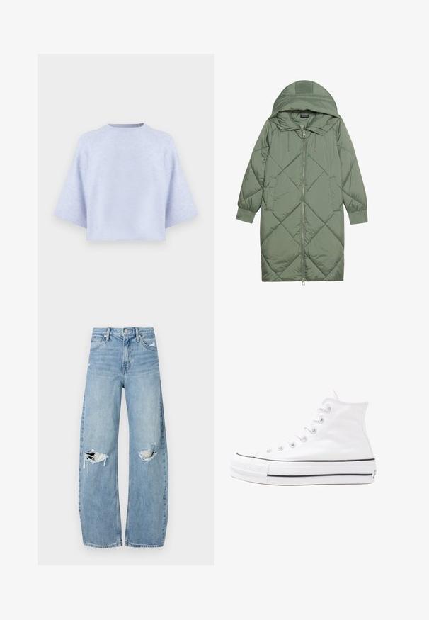 Prostorna dolga zeleni puffer plašč s kapuco, z zadrgo spredaj in dvema stranskima žepoma. Tekstura z diamantnim vzorcem po celotni površini.; Svetlo modri skrajšan pulover iz mehkega blaga. Ima široke rokave, okroglo ovratnico in sproščen kroj. Gladko teksturo, minimalen dizajn.; Svijetloplave traperice visoki struk. Imaju široke nogavice, dva poderana područja na koljenima i klasičan petotoksi stil.; Beli visoki platneni športni čevelj z črnim gumijastim podplatom, sprednjim gumijastim zaščitnikom za prste in šestimi luknjicami za vezalke, ki se ponaša s preprostim, minimalističnim dizajnom.