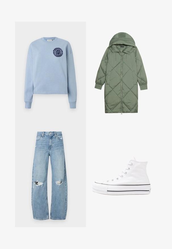 Prošívaný dlouhý zelený péřový kabát s kapucí, který má přední zip a dvě boční kapsy. Po celém povrchu je texturovaný diamantový vzor.; Světle modrý bavlněný svetr s dlouhými rukávy a kulatým výstřihem. Na levé straně hrudi se nachází námořnický kruhový grafický design. Měkká textura.; Světle modré džíny s vysokým pasem vyrobené z denimu. Mají široké nohavice, dvě roztržené oblasti na kolenou a klasický pětikapsový střih.; Bílé vysoké plátěné tenisky s černou gumovou podrážkou, přední gumovou špičkou a šesti očky na tkaničky, se čistým, minimalistickým designem.
