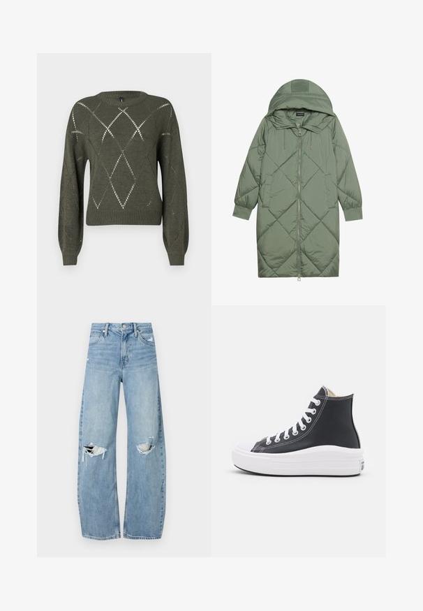 Cele nouă pictate în verde închis, din material pufos, cu glugă, care dispune de închidere cu fermoar frontal și două buzunare laterale. Model texturat cu un model în diamant pe întreaga suprafață.; Pulover tricotat verde cu decupaje în formă de diamant, guler rotund și mâneci lungi. Are manșete și margine cu detalii ribbed și un finisaj texturat.; Jeans de denim, de un bleu deschis, cu talie înaltă. Au picioare late, două zone rupte la genunchi și un stil clasic cu cinci buzunare.; Încălțăminte sport înaltă neagră cu șireturi albe și talpă din cauciuc. Prezintă o textură din piele netedă și accente de cusături albe.