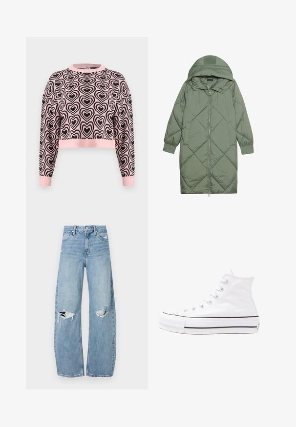 Cele nouă pictate în verde închis, din material pufos, cu glugă, care dispune de închidere cu fermoar frontal și două buzunare laterale. Model texturat cu un model în diamant pe întreaga suprafață.; Pulover scurt roz cu un model de inimi negre, decolteu rotund cu riburi și manșete ribbate. Materialul pare moale, cu o finisare texturată.; Jeans de denim, de un bleu deschis, cu talie înaltă. Au picioare late, două zone rupte la genunchi și un stil clasic cu cinci buzunare.; Adidași albi tip pantofi sport cu glezna din pânză, cu talpă din cauciuc negru, capac de vârf din cauciuc frontal și șase ochiuri pentru șireturi, având un design curat și minimalist.