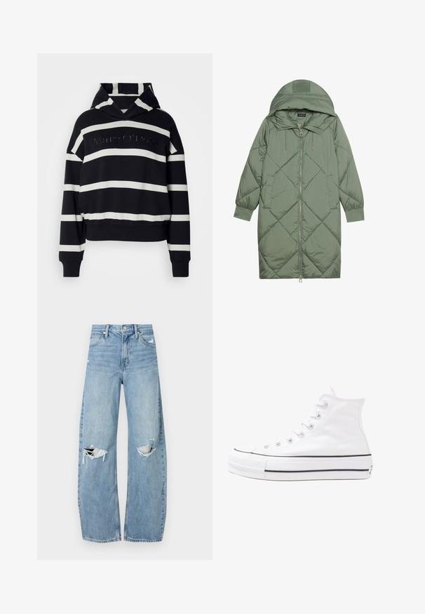 Steppelt, hosszú zöld pufikabát kapucnival, elöl cipzáras záródással és két oldalsó zsebből áll. Az anyagon teljes hosszában váltakozó gyémántmintázat található.; Fekete-fehér csíkos kapucnis pulóver V-nyakkivágással, rugalmas mandzsettákkal és hem. Elöl hímzett logó található, azonos színben.; Világoskék, magas derekú farmernadrág. Széles lábakkal, két szakadt térddel és klasszikus öt zsebes dizájnnal rendelkezik.; Fehér magaskorsó vászon sportcipő fekete gumi talppal, elülső gumi orrnyereggel és hat fűzőlyukkal, letisztult, minimalista dizájnnal.