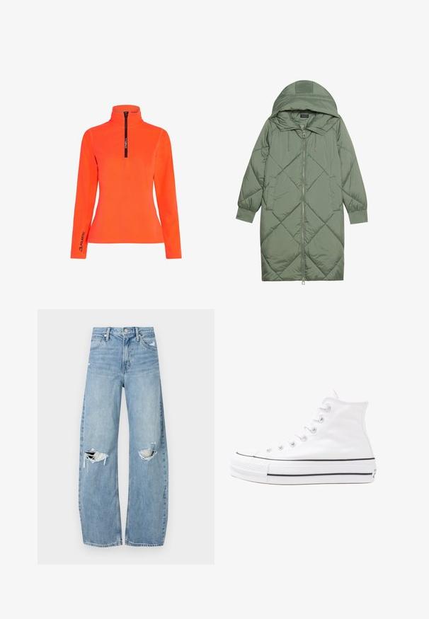Quiltet lang grøn pufferjakke med hætte, med frontlynlås og to sidelommer. Teksturret diamantmønster over det hele.; Lys orange fleece pullover med høj krave og halvlange lynlås. Har sort lynlås og "Polartec" logo på manchetterne. Glat tekstur.; Lysblå, højtraljede jeans lavet af denim. Har brede ben, to huller ved knæene og klassisk fem-lommes stil.; Hvide høje kanvas sneakers med sort gummisål, gummitåhætte foran og seks øjehuller til snørebånd, der har et rent, minimalistisk design.