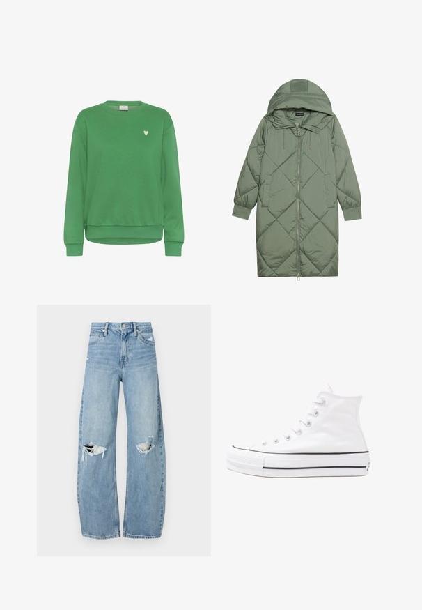 Cappotto lungo imbottito verde con un cappuccio, caratterizzato da una chiusura frontale a zip e due tasche laterali. Motivo a rombi testurizzati su tutta la superficie.; Felpa verde in cotone, con colletto girocollo, maniche lunghe, polsini a costine e un piccolo accento a forma di cuore bianco sul petto.; Jeans azzurri chiari a vita alta realizzati in denim. Presentano gambe larghe, due aree strappate sulle ginocchia e il classico styling a cinque tasche.; Sneaker alta in tela bianca con suola in gomma nera, punta in gomma frontale e sei asole per i lacci, caratterizzata da un design pulito e minimalista.
